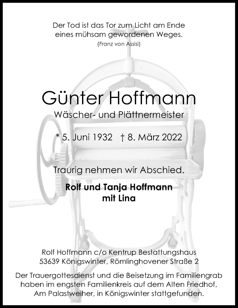  Traueranzeige für Günter Hoffmann vom 19.03.2022 aus Kölner Stadt-Anzeiger / Kölnische Rundschau / Express