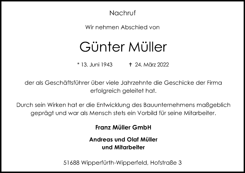  Traueranzeige für Günter Müller vom 30.03.2022 aus Kölner Stadt-Anzeiger / Kölnische Rundschau / Express