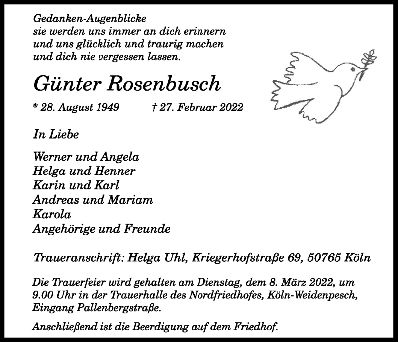  Traueranzeige für Günter Rosenbusch vom 05.03.2022 aus Kölner Stadt-Anzeiger / Kölnische Rundschau / Express