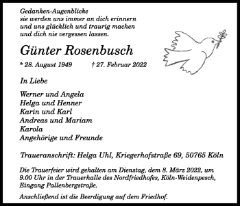 Anzeige von Günter Rosenbusch von Kölner Stadt-Anzeiger / Kölnische Rundschau / Express