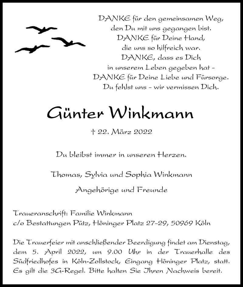  Traueranzeige für Günter Winkmann vom 26.03.2022 aus Kölner Stadt-Anzeiger / Kölnische Rundschau / Express