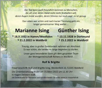 Anzeige von Günther Ising von  Lokalanzeiger 