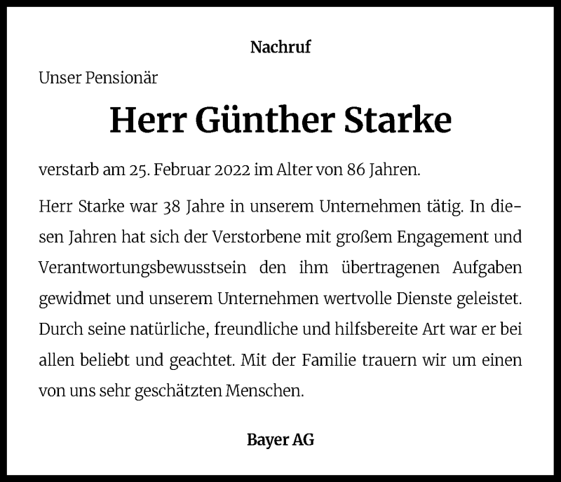  Traueranzeige für Günther Starke vom 29.03.2022 aus Kölner Stadt-Anzeiger / Kölnische Rundschau / Express