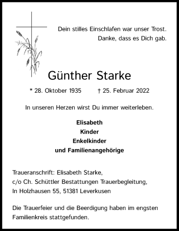 Anzeige von Günther Starke von Kölner Stadt-Anzeiger / Kölnische Rundschau / Express