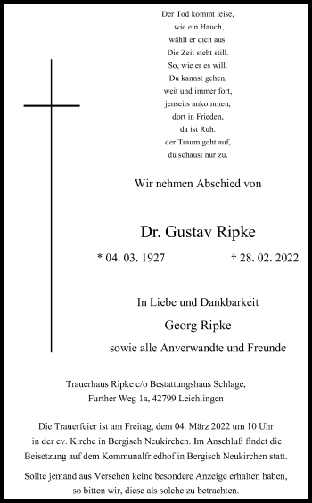 Anzeige von Gustav Ripke von Kölner Stadt-Anzeiger / Kölnische Rundschau / Express