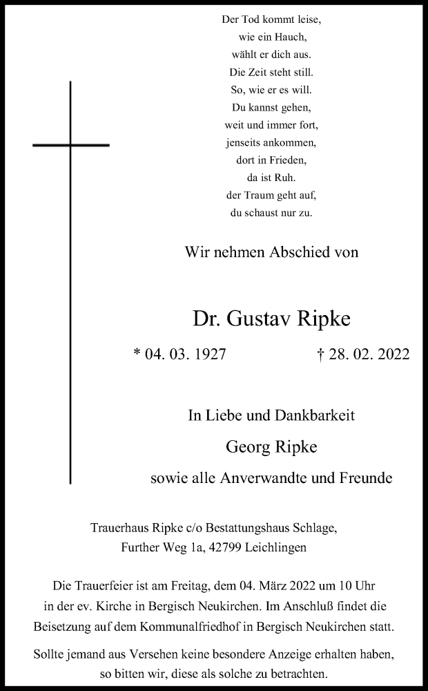  Traueranzeige für Gustav Ripke vom 03.03.2022 aus Kölner Stadt-Anzeiger / Kölnische Rundschau / Express