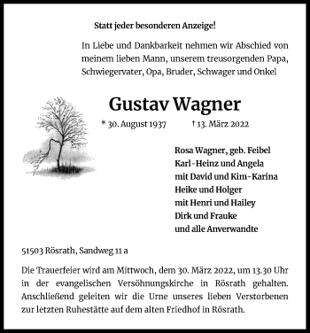 Anzeige von Gustav Wagner von Kölner Stadt-Anzeiger / Kölnische Rundschau / Express