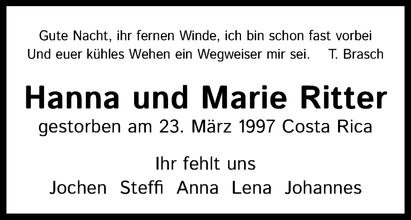  Traueranzeige für Hanna Ritter vom 23.03.2022 aus Kölner Stadt-Anzeiger / Kölnische Rundschau / Express