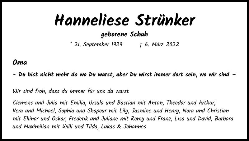  Traueranzeige für Hanneliese Strünker vom 19.03.2022 aus Kölner Stadt-Anzeiger / Kölnische Rundschau / Express