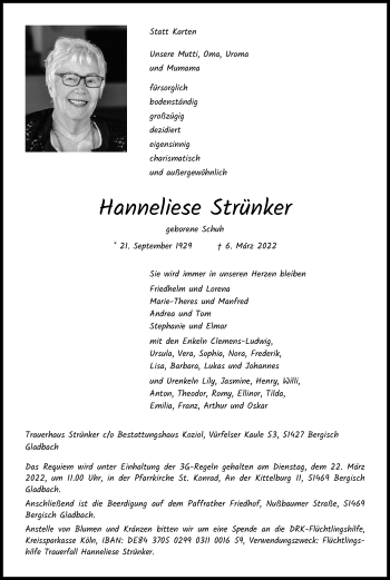 Anzeige von Hanneliese Strünker von Kölner Stadt-Anzeiger / Kölnische Rundschau / Express