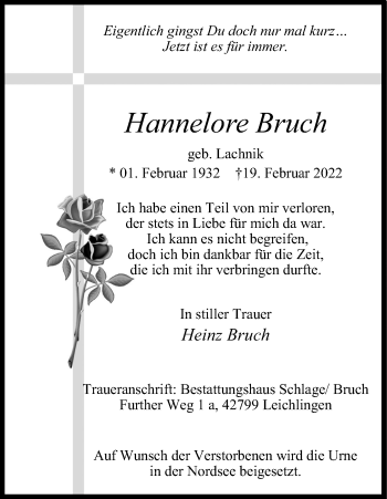 Anzeige von Hannelore Bruch von Kölner Stadt-Anzeiger / Kölnische Rundschau / Express