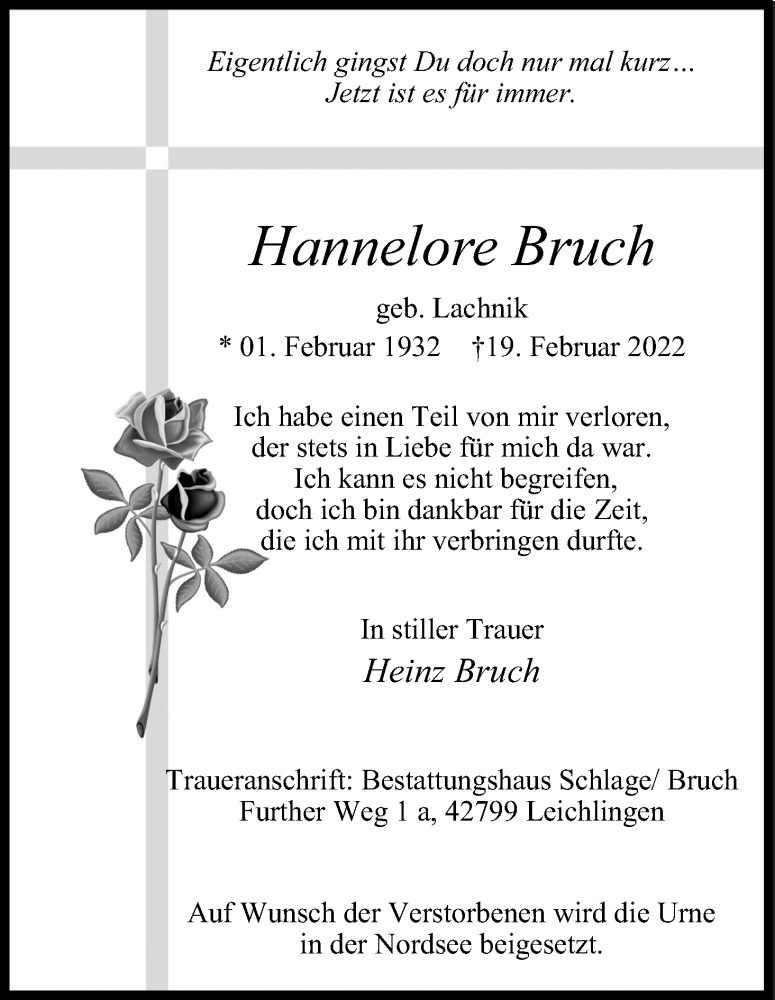  Traueranzeige für Hannelore Bruch vom 04.03.2022 aus Kölner Stadt-Anzeiger / Kölnische Rundschau / Express