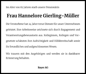 Anzeige von Hannelore Gierling-Müller von Kölner Stadt-Anzeiger / Kölnische Rundschau / Express