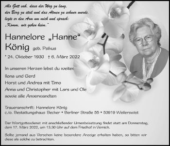 Anzeige von Hannelore König von  Blickpunkt Euskirchen 