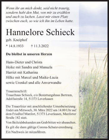 Anzeige von Hannelore Schieck von Kölner Stadt-Anzeiger / Kölnische Rundschau / Express