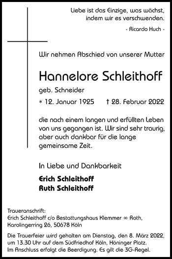 Anzeige von Hannelore Schleithoff von Kölner Stadt-Anzeiger / Kölnische Rundschau / Express