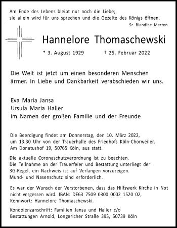Anzeige von Hannelore Thomaschewski von Kölner Stadt-Anzeiger / Kölnische Rundschau / Express