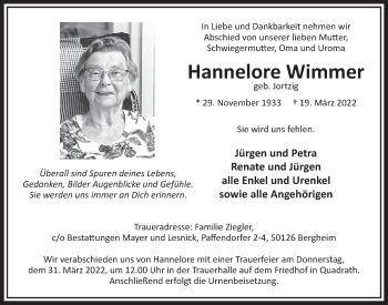 Anzeige von Hannelore Wimmer von  Werbepost 