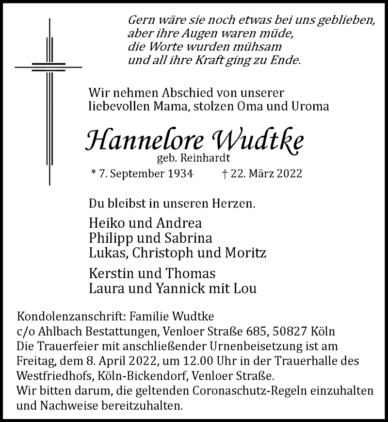  Traueranzeige für Hannelore Wudtke vom 01.04.2022 aus  Wochenende 