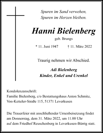 Anzeige von Hanni Bielenberg von Kölner Stadt-Anzeiger / Kölnische Rundschau / Express