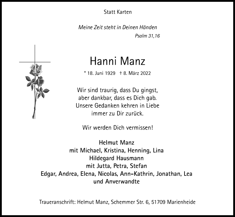  Traueranzeige für Hanni Manz vom 12.03.2022 aus Kölner Stadt-Anzeiger / Kölnische Rundschau / Express
