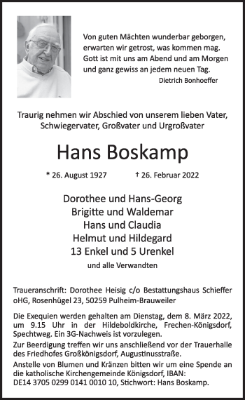 Anzeige von Hans Boskamp von  Wochenende 