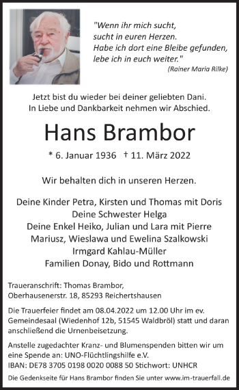 Anzeige von Hans Brambor von  Lokalanzeiger 