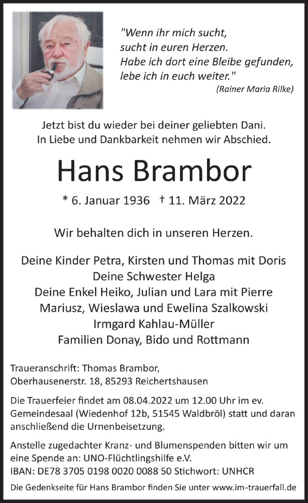  Traueranzeige für Hans Brambor vom 18.03.2022 aus  Lokalanzeiger 