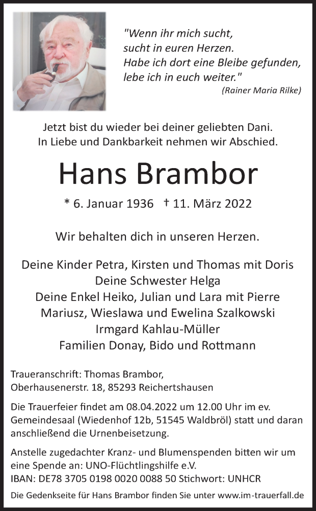  Traueranzeige für Hans Brambor vom 19.03.2022 aus Kölner Stadt-Anzeiger / Kölnische Rundschau / Express