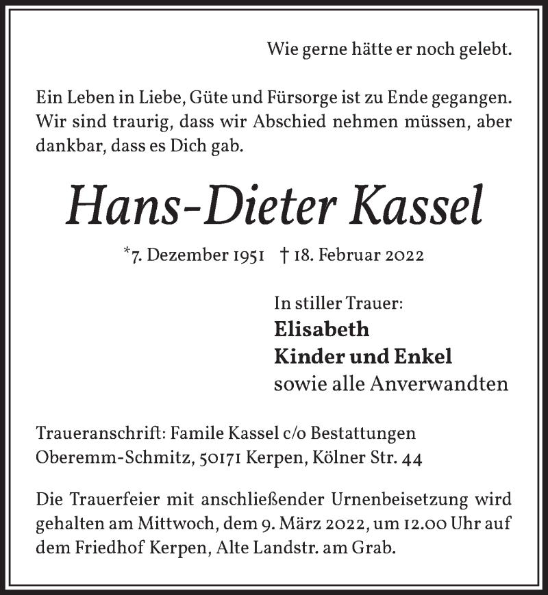  Traueranzeige für Hans-Dieter Kassel vom 04.03.2022 aus  Werbepost 