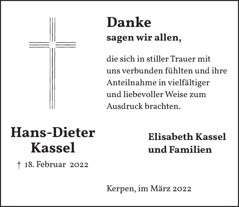  Traueranzeige für Hans-Dieter Kassel vom 25.03.2022 aus  Werbepost 