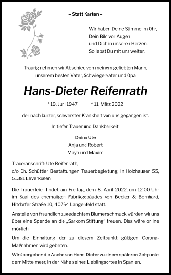 Anzeige von Hans-Dieter Reifenrath von Kölner Stadt-Anzeiger / Kölnische Rundschau / Express