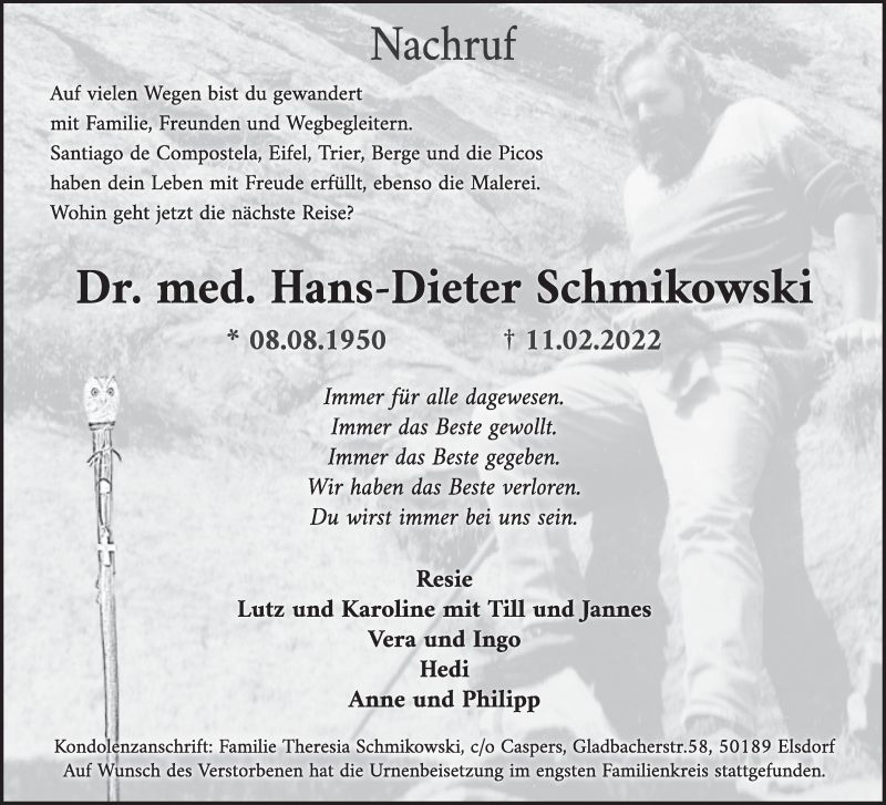  Traueranzeige für Hans-Dieter Schmikowski vom 04.03.2022 aus  Werbepost 