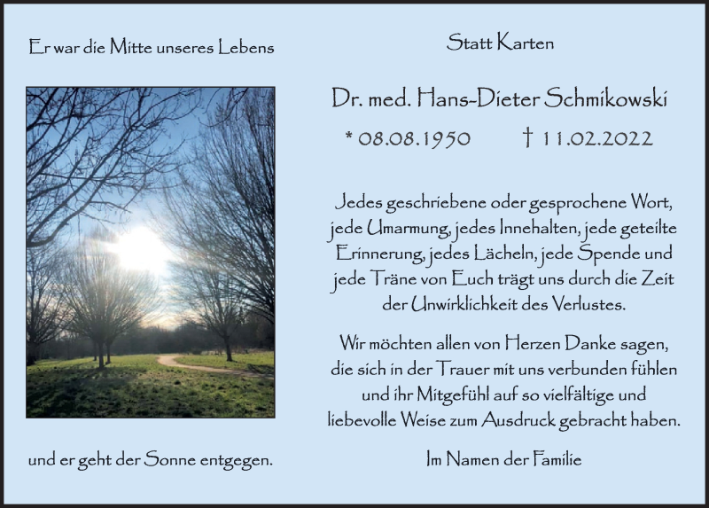  Traueranzeige für Hans-Dieter Schmikowski vom 25.03.2022 aus  Werbepost 