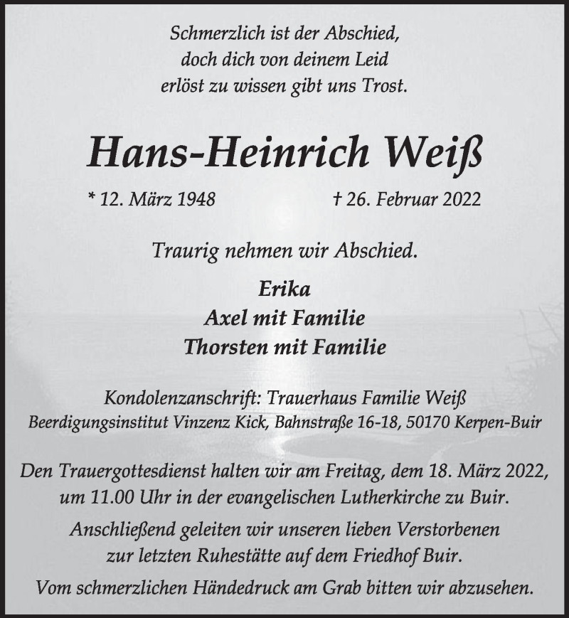  Traueranzeige für Hans-Heinrich Weiß vom 11.03.2022 aus  Werbepost 