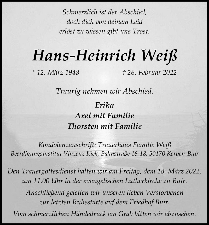  Traueranzeige für Hans-Heinrich Weiß vom 12.03.2022 aus Kölner Stadt-Anzeiger / Kölnische Rundschau / Express