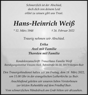 Anzeige von Hans-Heinrich Weiß von Kölner Stadt-Anzeiger / Kölnische Rundschau / Express