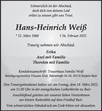 Anzeige von Hans-Heinrich Weiß von  Werbepost 