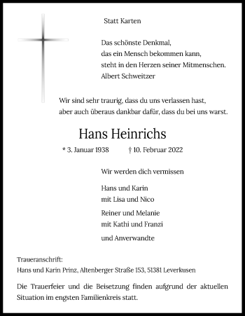 Anzeige von Hans Heinrichs von Kölner Stadt-Anzeiger / Kölnische Rundschau / Express