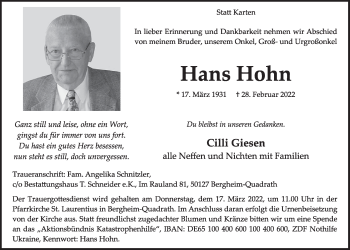 Anzeige von Hans Hohn von  Werbepost 