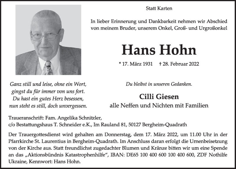  Traueranzeige für Hans Hohn vom 11.03.2022 aus  Werbepost 