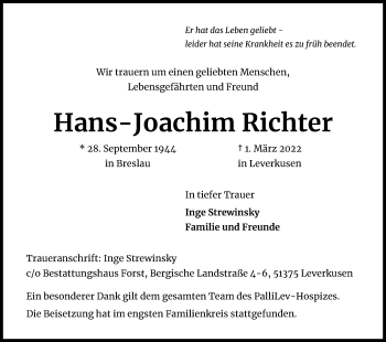 Anzeige von Hans-Joachim Richter von Kölner Stadt-Anzeiger / Kölnische Rundschau / Express