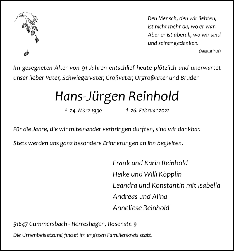  Traueranzeige für Hans-Jürgen Reinhold vom 04.03.2022 aus  Anzeigen Echo 