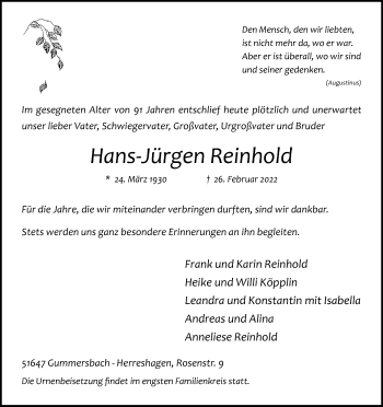 Anzeige von Hans-Jürgen Reinhold von Kölner Stadt-Anzeiger / Kölnische Rundschau / Express
