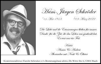 Anzeige von Hans-Jürgen Schröder von Kölner Stadt-Anzeiger / Kölnische Rundschau / Express