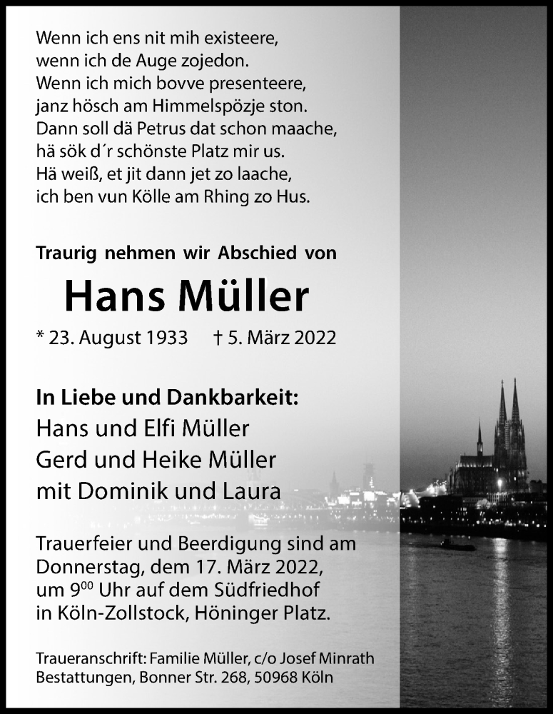 Traueranzeige für Hans Müller vom 12.03.2022 aus Kölner Stadt-Anzeiger / Kölnische Rundschau / Express
