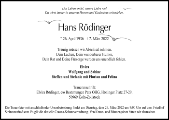 Anzeige von Hans Rödinger von Kölner Stadt-Anzeiger / Kölnische Rundschau / Express