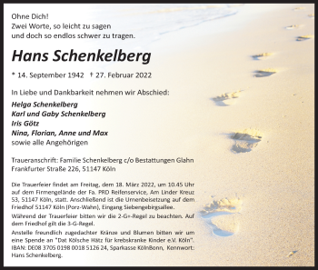 Anzeige von Hans Schenkelberg von Kölner Stadt-Anzeiger / Kölnische Rundschau / Express