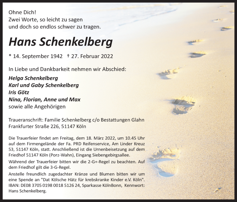  Traueranzeige für Hans Schenkelberg vom 05.03.2022 aus Kölner Stadt-Anzeiger / Kölnische Rundschau / Express