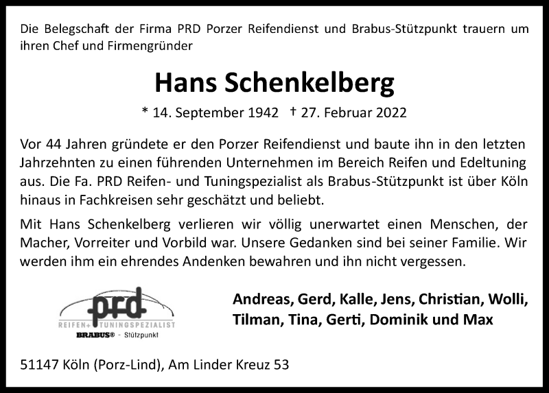  Traueranzeige für Hans Schenkelberg vom 11.03.2022 aus  EXPRESS - Die Woche 